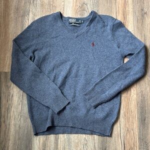 Polo by Ralph Lauren Men's V-Neck Sweater in Heather Blue with Red Pony